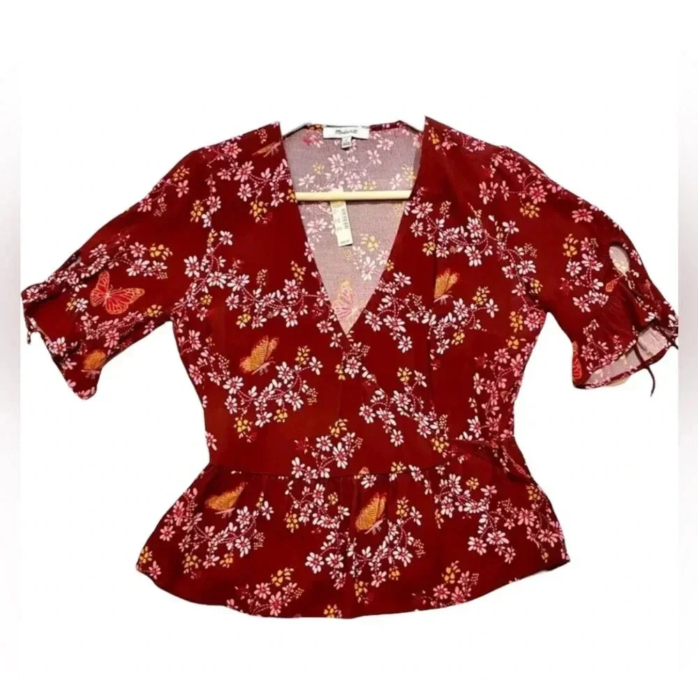 NWT Madewell Butterfly Print Tie Sleeve Wrap Top - Picture 3 of 6